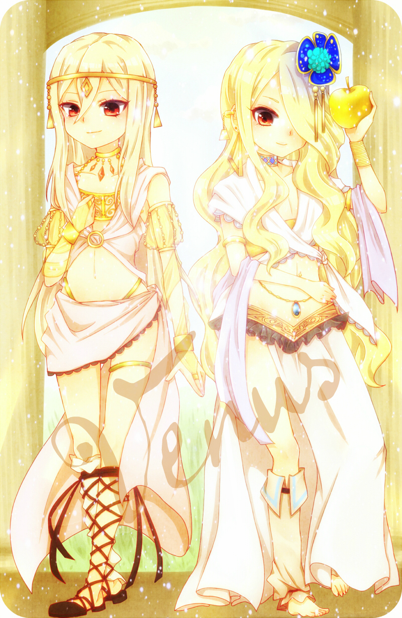 afuro_terumi, androgynous, apple, bad_id, barefoot, blonde_hair, blush, bracelet