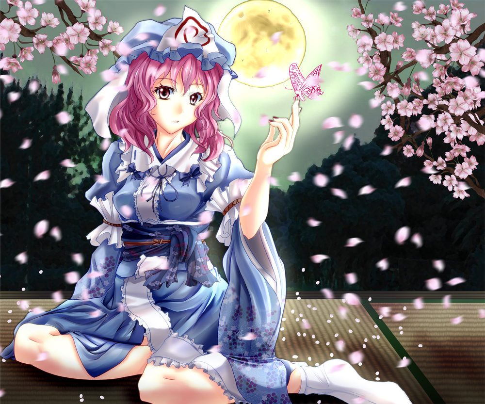 full_moon, hat, japanese_clothes, kimono, kneeling, moon, oimari, petals