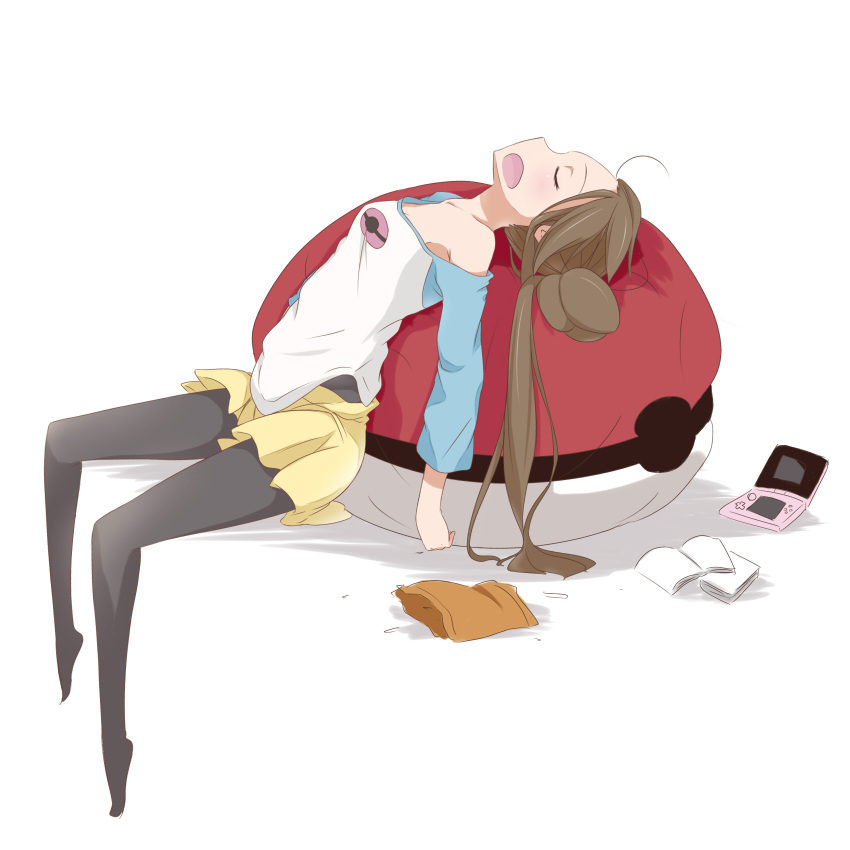 bean_bag, breasts, brown_hair, chips, double_bun, female_protagonist_(pokemon_bw2), highres, legwear_under_shorts