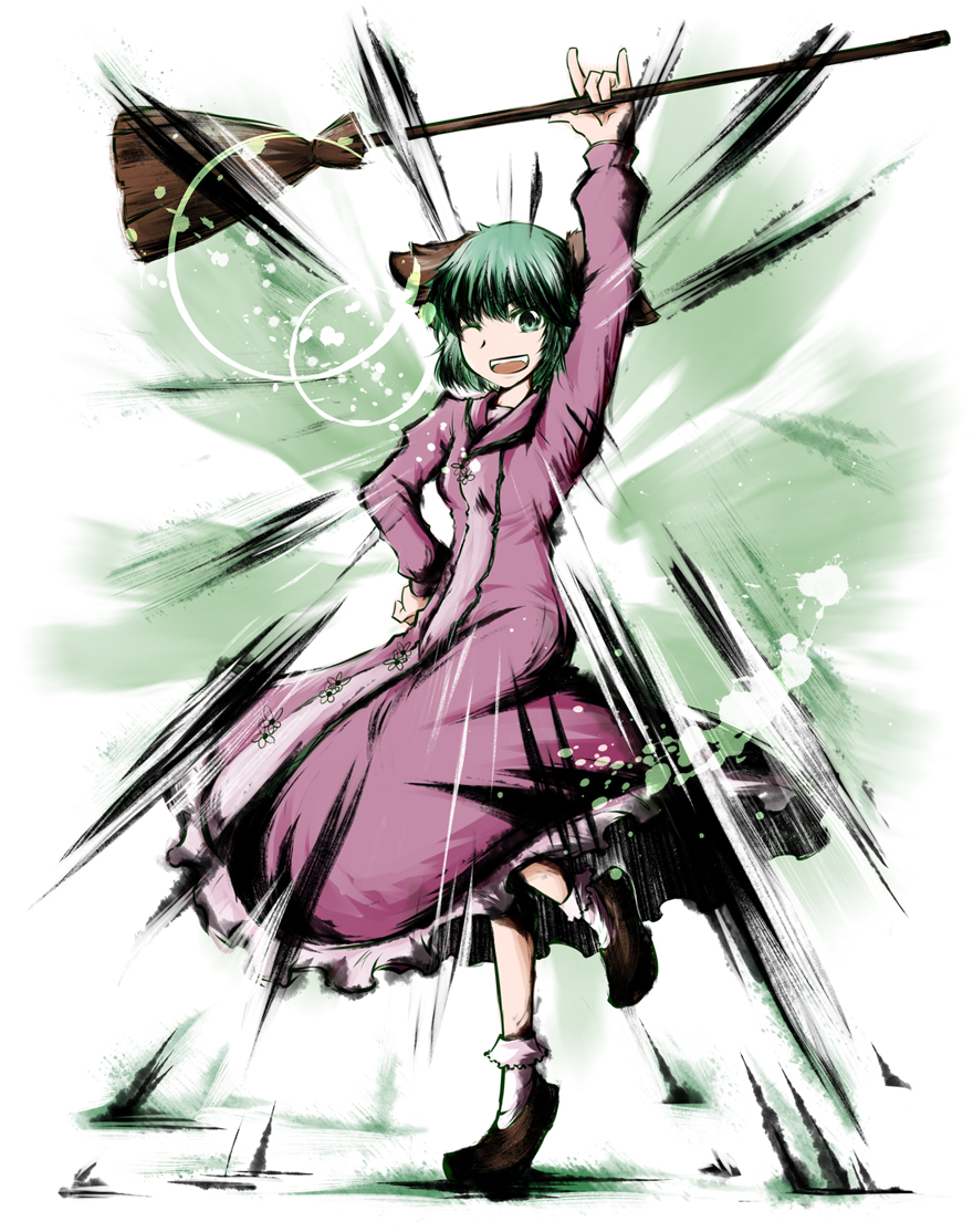 animal_ears, arm_up, bobby_socks, broom, dress, emphasis_lines, fang, full_body