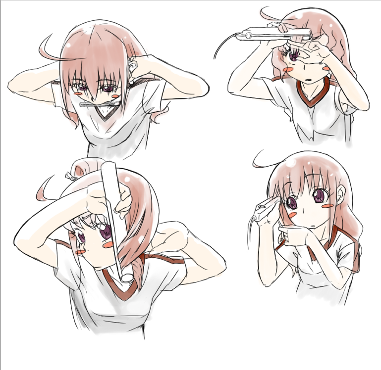 adjusting_hair, ahoge, blush_stickers, hair_straightener, hoshizora_miyuki, mono_(ultra-fine), mouth_hold, pink_eyes