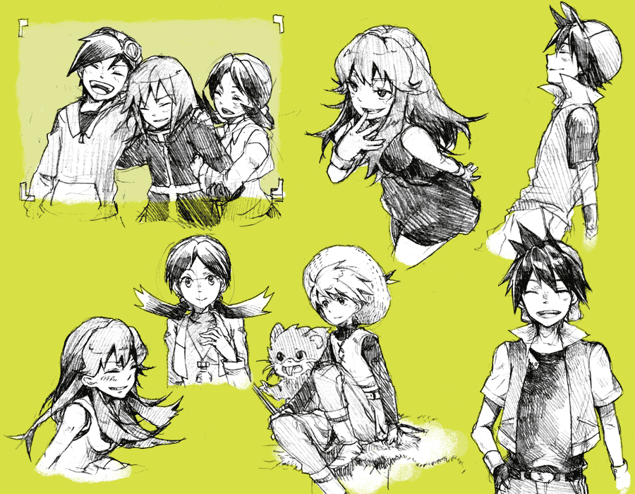 blue_(pokemon), crystal_(pokemon), gloves, gold_(pokemon), green_background, hat, michibata_65, open_mouth, pokemon, pokemon_special, red_(pokemon), silver_(pokemon), smile, twintails, yellow_(pokemon)