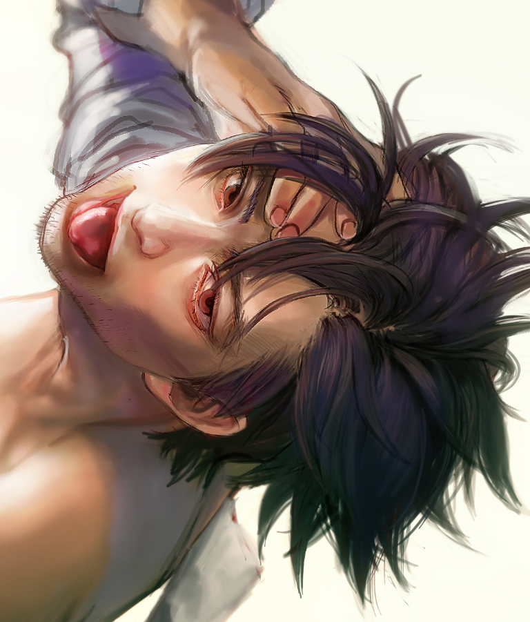 :p, black_hair, brown_eyes, emiya_kiritsugu, facial_hair, fate/zero, fate_(series), from_above