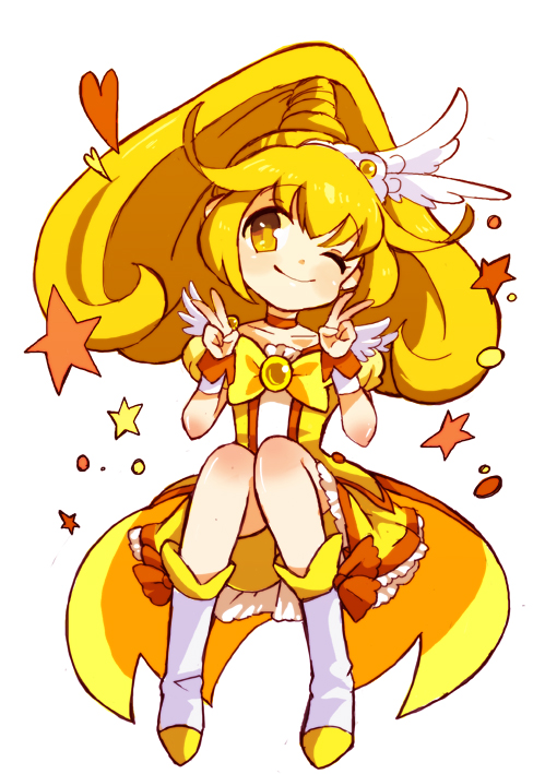 bike_shorts, blonde_hair, choker, cure_peace, double_v, dress, hair_ornament, kise_yayoi