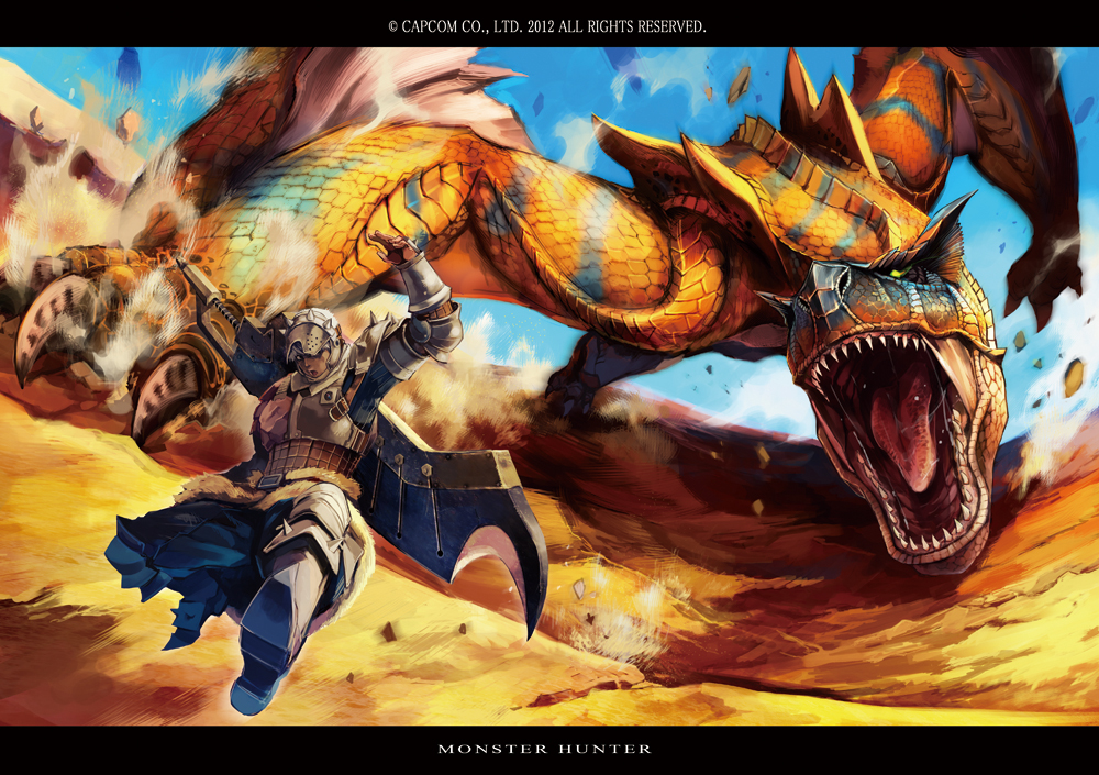 armor, artist_request, capcom, claws, desert, helmet, hunter's_armor, hunter's_armor, hunter_(armor), letterboxed, monster, monster_hunter, open_mouth, running, ryuuta_(ipse), sand, scales, sharp_teeth, sword, tigrex, weapon, wyvern