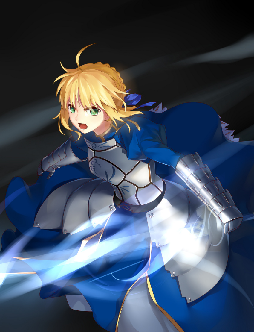 ahoge, armor, armored_dress, blonde_hair, fate/stay_night, fate_(series), gauntlets, green_eyes