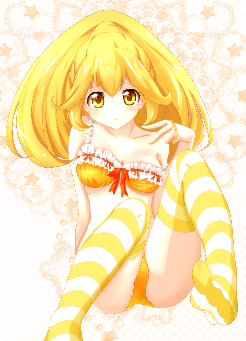 1girl, blonde_hair, bow_bra, bra, bracelet, breasts, cleavage, cure_peace