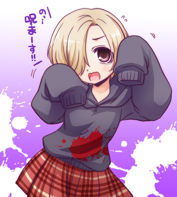 blonde_hair, brown_eyes, hair_over_one_eye, hoodie, idolmaster, idolmaster_cinderella_girls, minamoto_hisanari, pleated_skirt