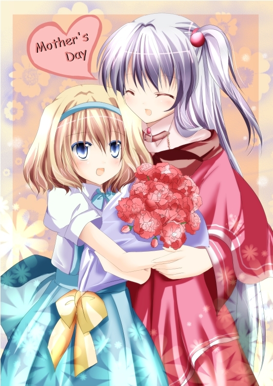 age_difference, alice_margatroid, alice_margatroid_(pc-98), blonde_hair, blue_dress, blue_eyes, blush, bouquet