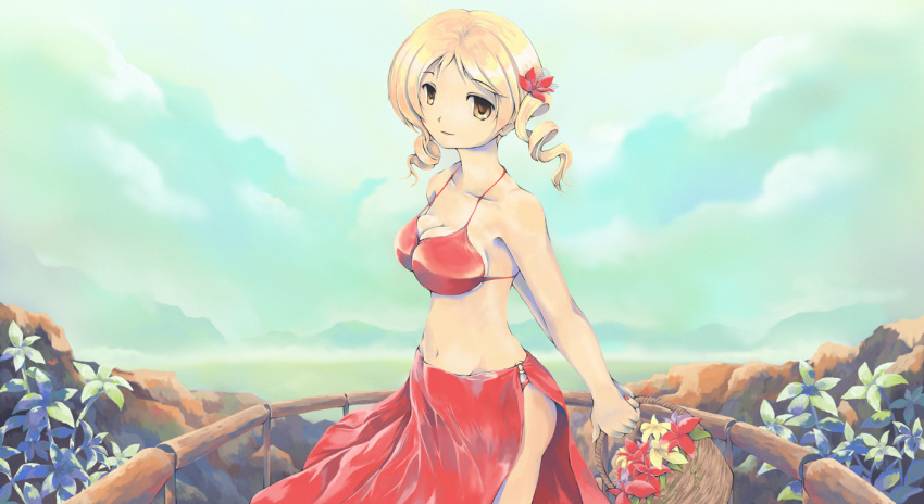 balcony, basket, bikini, blonde_hair, breasts, cleavage, drill_hair, flower