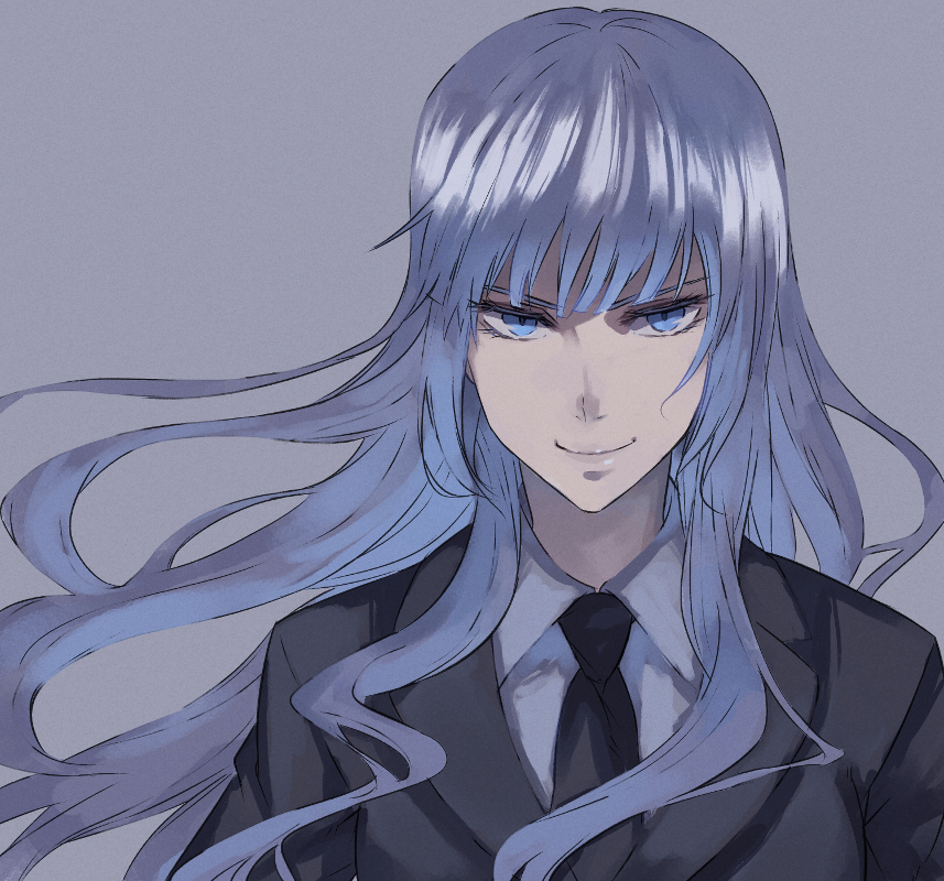 blue_eyes, formal, jonasan, jormungand, koko_hekmatyar, long_hair, necktie, silver_hair, simple_background, smile, solo, suit