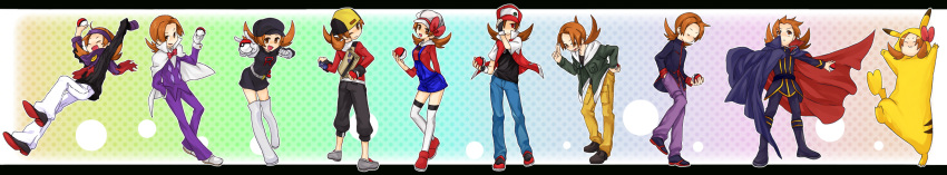 backwards_hat, bag, baseball_cap, brown_hair, cape, cosplay, gold_(pokemon), gold_(pokemon)_(cosplay), hat, headband, highres, holding, holding_poke_ball, kotone_(pokemon), long_image, machisu_(pokemon, machisu_(pokemon), machisu_(pokemon)_(cosplay), machisu_(pokemon)_(hgss), minaki_(pokemon), minaki_(pokemon)_(cosplay), multiple_girls, multiple_persona, ookido_green, ookido_green_(cosplay), ookido_green_(hgss), poke_ball, poke_kid_(pokemon), poke_kid_(pokemon)_(cosplay), pokekid_(pokemon), pokekid_(pokemon)_(cosplay), pokemon, pokemon_(game), pokemon_hgss, pokemon_rgby, polka_dot, polka_dot_background, red_(pokemon), red_(pokemon)_(classic), red_(pokemon)_(cosplay), ribbon, saku_(pixiv526117), scarf, sexual_dimorphism, silver_(pokemon), silver_(pokemon)_(cosplay), silver_(pokemon)_(hgss), team_rocket, team_rocket_(cosplay), twintails, waist_poke_ball, wataru_(pokemon), wataru_(pokemon)_(cosplay), wide_image, wink