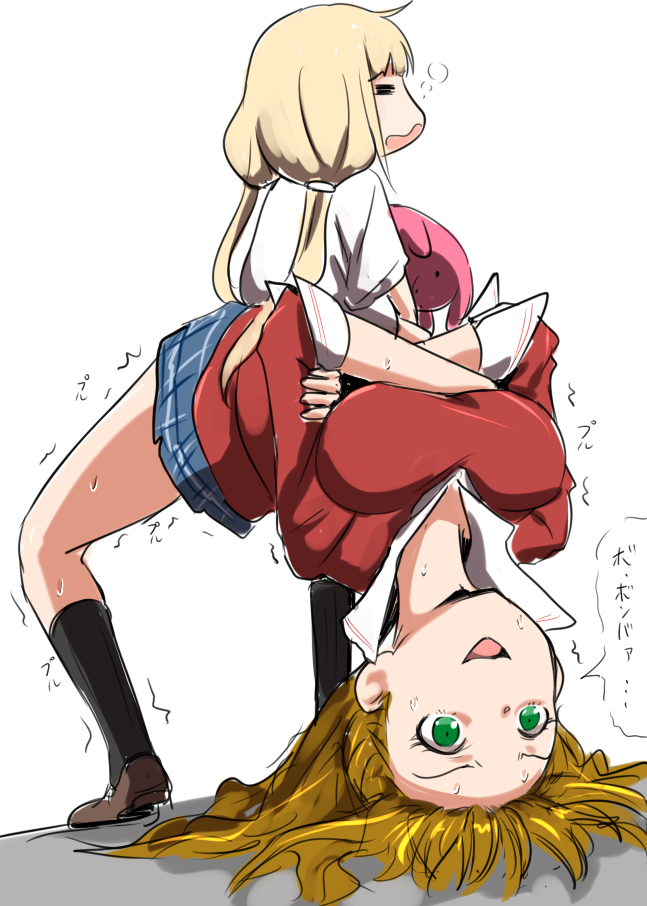 =_=, backbend, balancing_on_head, blonde_hair, blush, body_bridge, brown_hair, cardigan