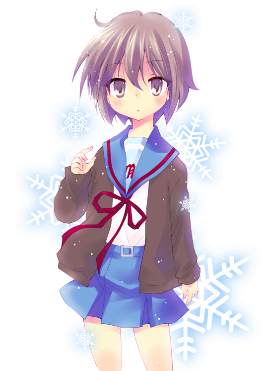 aya_ojo, brown_hair, cardigan, hoshino_madoka, nagato_yuki, nagato_yuki_(shoushitsu), school_uniform, short_hair, snowflakes, suzumiya_haruhi_no_shoushitsu, suzumiya_haruhi_no_yuuutsu