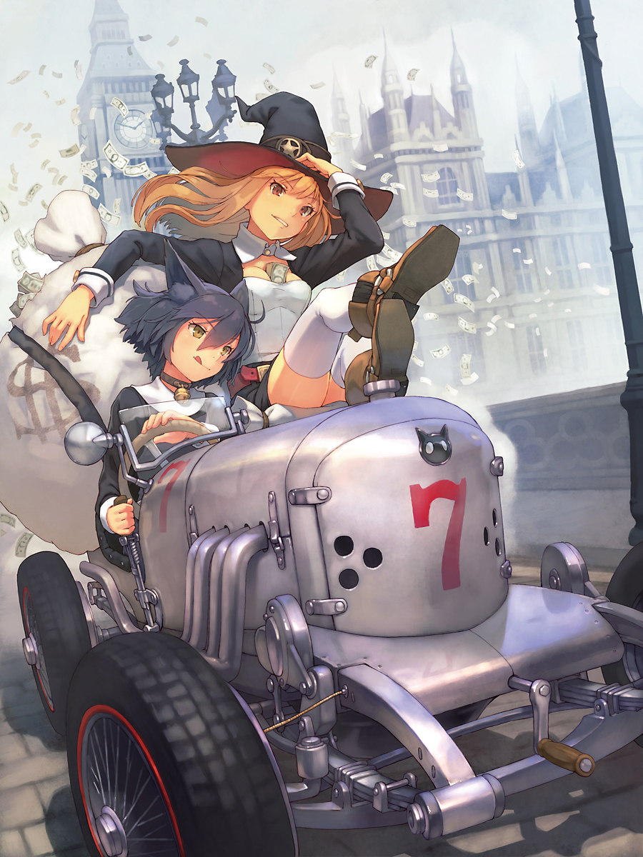 :q, animal_ears, bell, bell_collar, between_breasts, big_ben, black_hair, blonde_hair