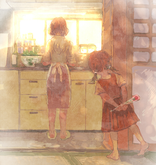 age_difference, apron, arms_behind_back, bad_id, barefoot, brown_hair, cooking, flower