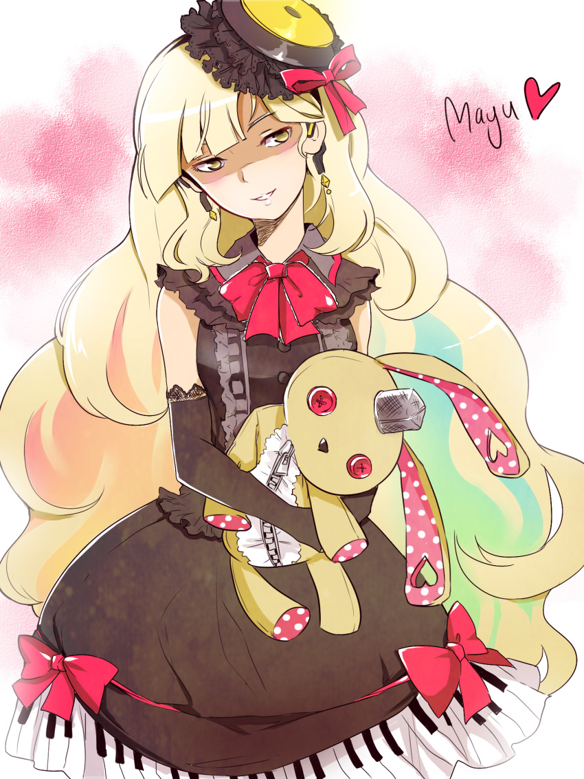 blonde_hair, boots, bow, bunny, character_name, dress, elbow_gloves, evil_grin