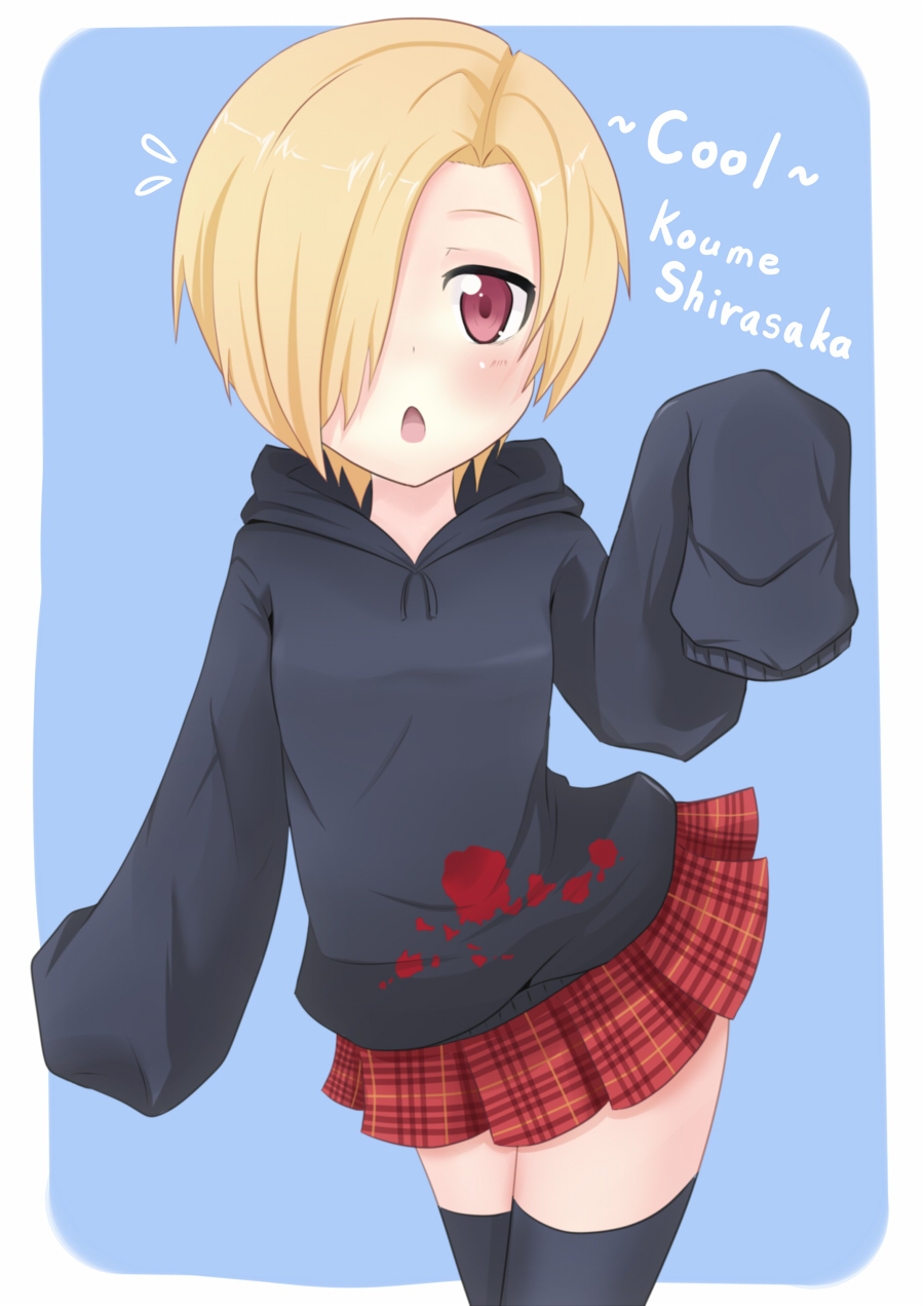 black_legwear, blonde_hair, blush, character_name, ear_piercing, english, hair_over_one_eye, heart, highres, hoodie, idolmaster, idolmaster_cinderella_girls, kisenon, open_mouth, pale_skin, piercing, pleated_skirt, red_eyes, scarlet1208, shirasaka_koume, short_hair, skirt, sleeves_past_wrists, solo, sweater, thigh-highs, thighhighs