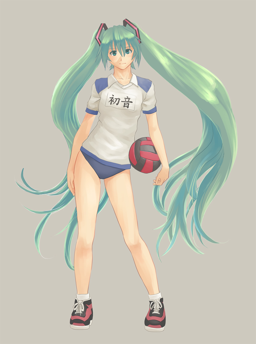 1girl, buruma, character_name, green_eyes, green_hair, gym_uniform, hatsune_miku, highres