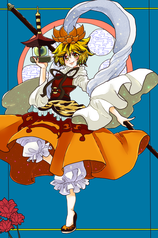 black_legwear, blonde_hair, bloomers, blue_background, carrying, flats, flower, hair_ornament