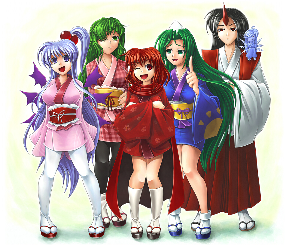 arms_behind_back, black_legwear, breasts, clog_sandals, crossed_arms, expressionless, hair_bobbles, hair_ornament