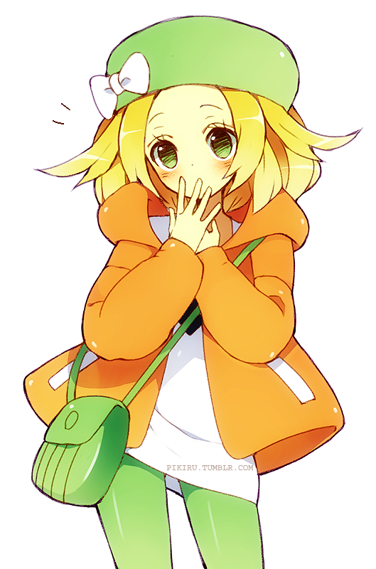 artist_name, bag, bel_(pokemon), blonde_hair, blush, green_eyes, hat, jacket