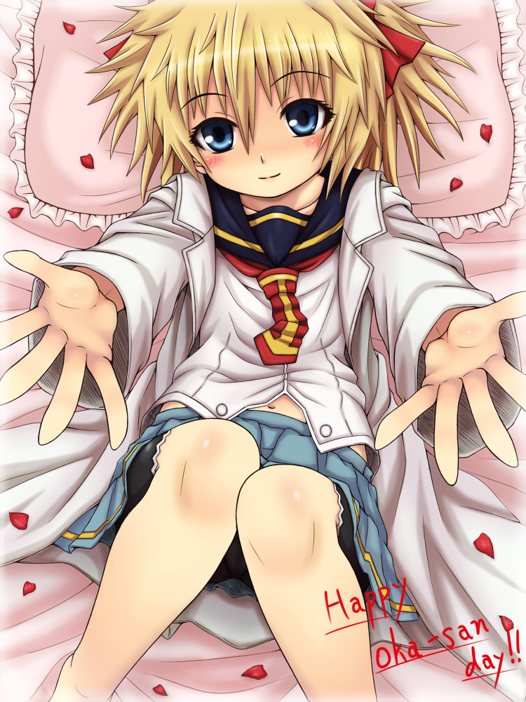 1girl, bed, bike_shorts, black_bike_shorts, blonde_hair, blue_eyes, blush, hitoyoshi_hitomi
