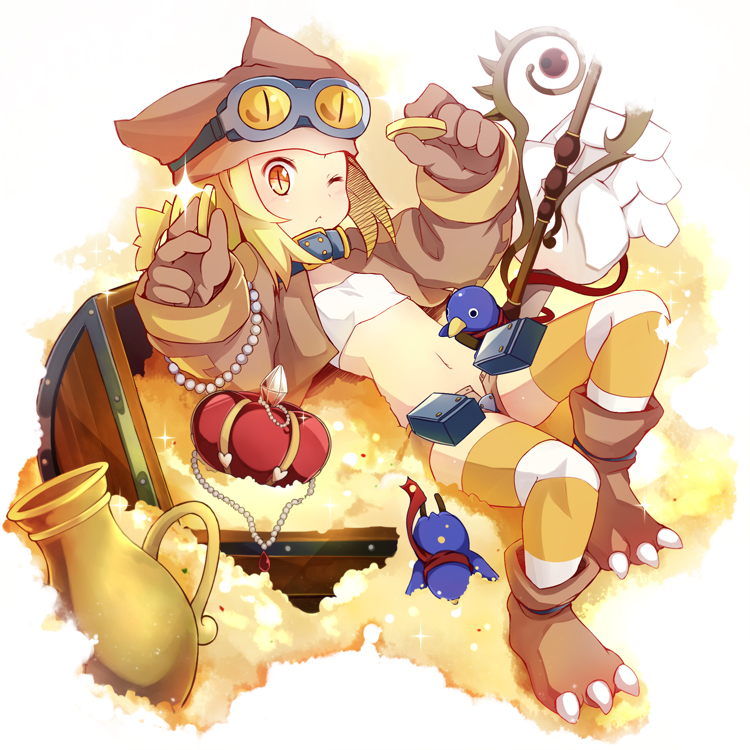 bandeau, blonde_hair, bolero, coin, cropped_jacket, crown, disgaea, gloves, hat, makai_senki_disgaea_4, navel, prinny, shoes, short_hair, short_shorts, shorts, slit_pupils, solo, striped, striped_legwear, taicho128, thief_(disgaea), thigh-highs, thighhighs, treasure_chest, wink, yellow_eyes