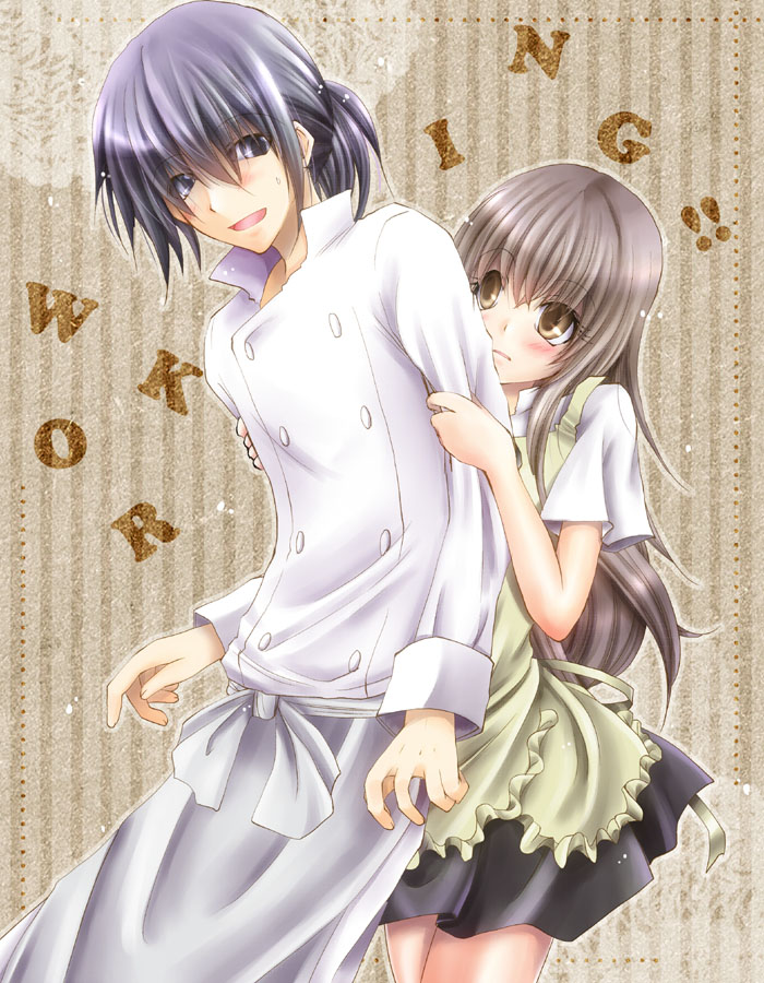 1girl, adachi_masahiro, apron, black_eyes, black_hair, brown_eyes, brown_hair, muranushi_sayuri