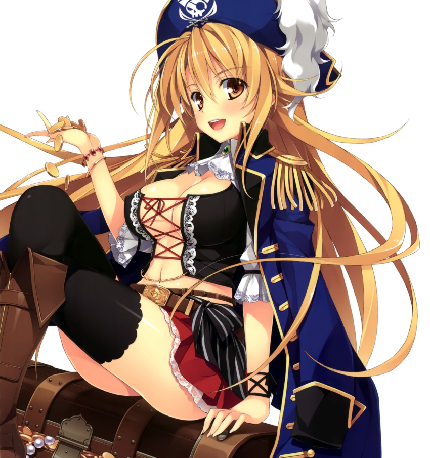 :d, absurdres, arm_support, ascot, black_legwear, blonde_hair, boots, bracelet