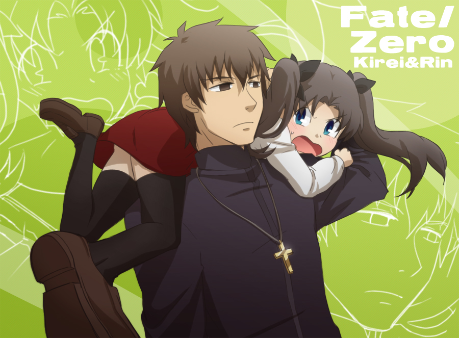 1boy, 1girl, black_legwear, blue_eyes, brown_eyes, brown_hair, carrying, cross