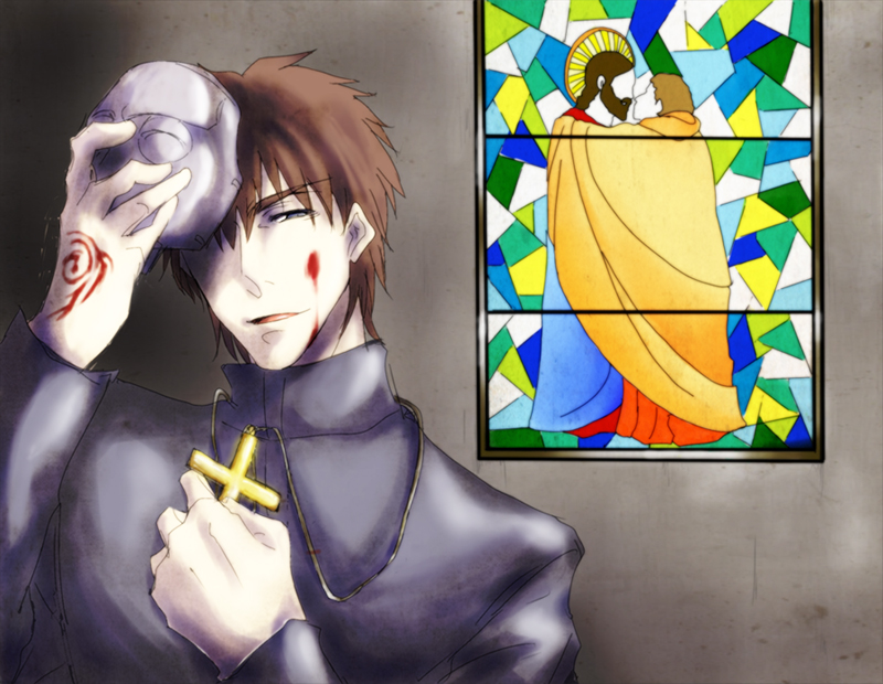 1boy, batakopart2, blood, blood_on_face, brown_eyes, brown_hair, command_spell, cross