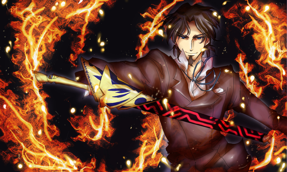 batakopart2, blue_eyes, brown_hair, ea_(fate/stay_night), facial_hair, fate/zero, fate_(series), fire