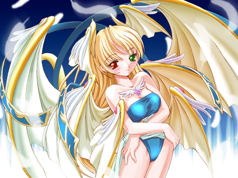1girl, bahamut, bahamut_(chaos_angels), bat_wings, blonde_hair, chaos_angels, feathers, female