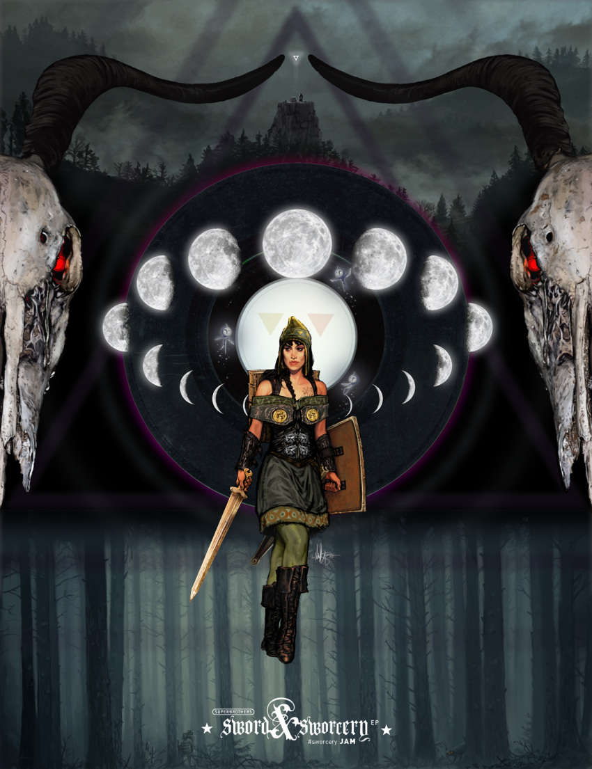 boots, forest, highres, kopfstoff, logfella, moon, moon_phases, mountain, nature, night, realistic, shield, skull, superbrothers:_sword_&amp;_sworcery_ep, sword, the_grizzled_boor, the_scythian, tree, triangle, warrior, weapon