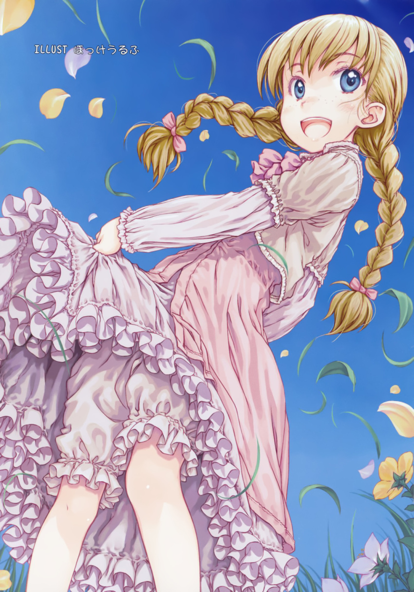 :d, blonde_hair, bloomers, blue_eyes, blush, bow, braid, comic_rin