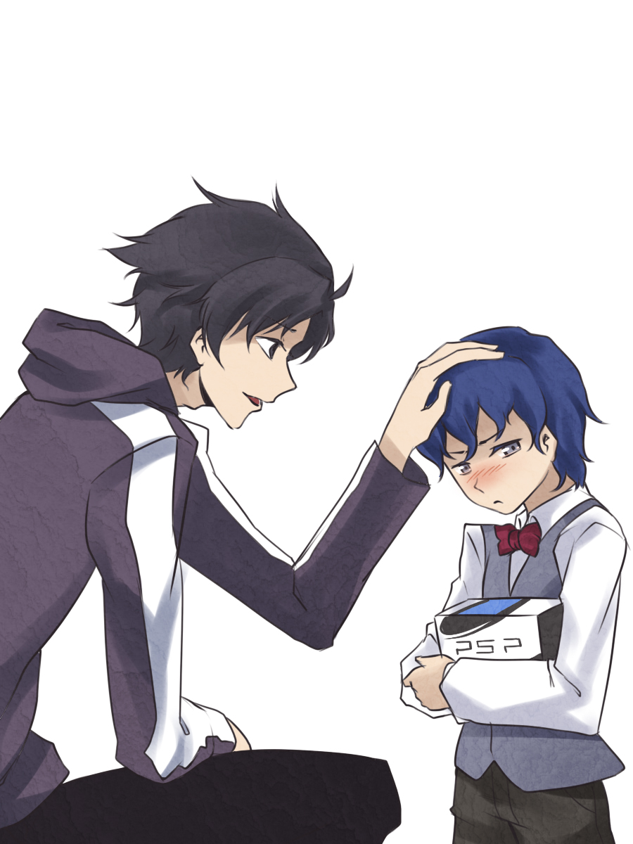 anachronism, black_eyes, black_hair, blue_eyes, blue_hair, blush, bowtie, box