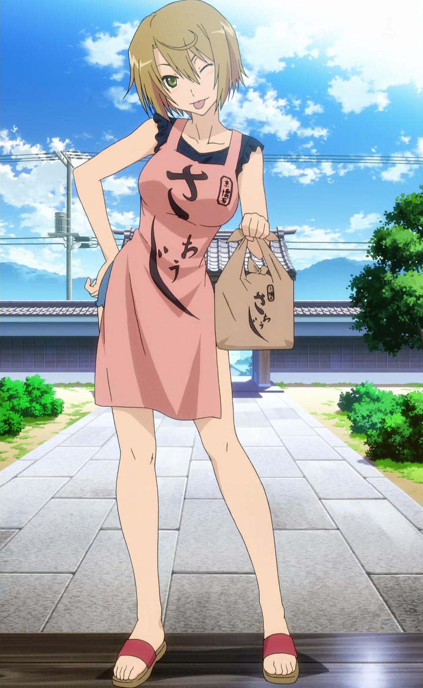apron, breasts, clothes_writing, food, highres, large_breasts, looking_at_viewer, sankarea