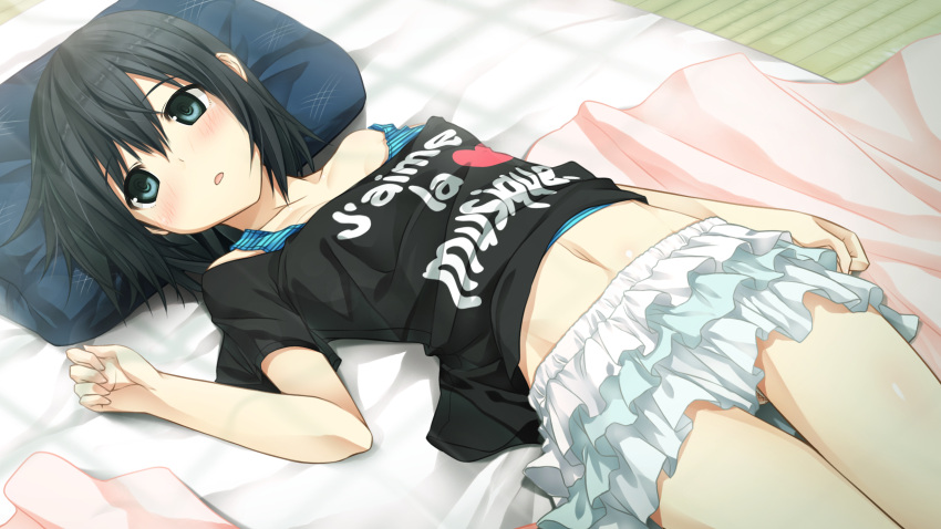arishima_alice, bare_shoulders, black_hair, blue_eyes, blush, clothes_writing, cura, french