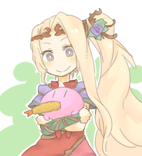 1girl, 1other, blonde_hair, brown_eyes, company_connection, crossover, cute, flower, food, hair_ornament, hal_laboratory_inc., holding, hoshi_no_kirby, hug, kid_icarus, kid_icarus_uprising, kirby, kirby_(series), kirby_(specie), long_hair, nintendo, ohmoto_makiko, oomoto_makiko, seiyuu_connection, shrimp, side_ponytail, smile, solo, sora_(company), tempura, viridi, ziro