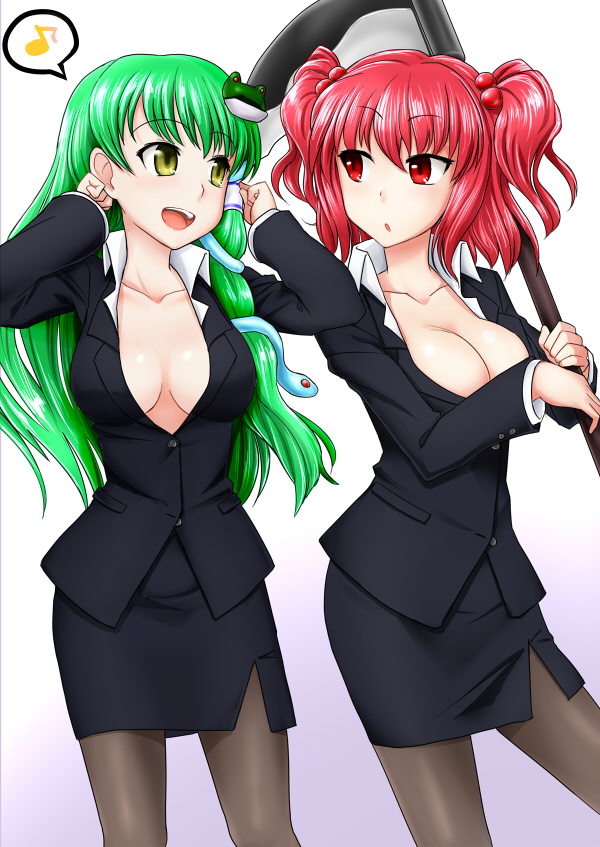 300cm, breasts, cleavage, female, formal, frog, frog_hair_ornament, green_hair, hair_bobbles, hair_ornament, jacket, kochiya_sanae, large_breasts, multiple_girls, musical_note, no_bra, office_lady, onozuka_komachi, open_mouth, pantyhose, red_eyes, red_hair, redhead, scythe, short_twintails, skirt, skirt_suit, snake, spoken_musical_note, suit, touhou, twintails, two_side_up, yellow_eyes