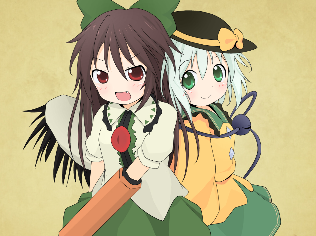 arm_cannon, black_hair, bow, fang, green_eyes, green_hair, hair_bow, hat