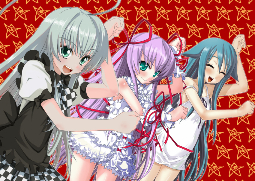 ahoge, al_azif, aqua_hair, bare_shoulders, checkered, checkered_skirt, crossover, cthulhu_mythos