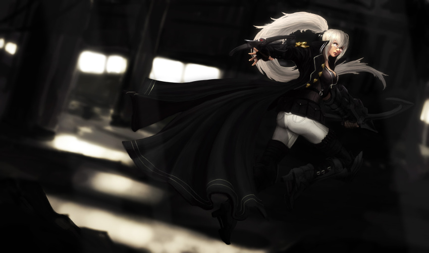 1girl, alternate_costume, alternate_hair_color, boots, bow_(weapon), coat, crossbow, edward_montenegro