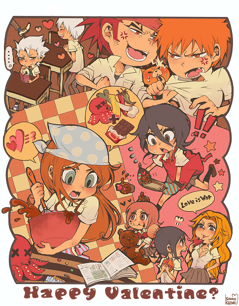 5girls, abarai_renji, apron, black_hair, bleach, breasts, chocolate, classroom, cleavage, heart, hinamori_momo, hitsugaya_toushirou, ichimaru_gin, inoue_orihime, kon, kuchiki_rukia, kurosaki_ichigo, kusajishi_yachiru, kusano_kaduki, long_hair, matsumoto_rangiku, multiple_boys, multiple_girls, orange_hair, red_hair, school_uniform, silver_hair, souno_kazuki, valentine