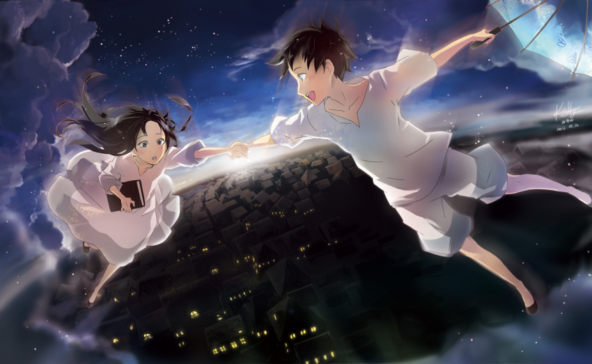 blue_eyes, book, brown_eyes, brown_hair, city, clouds, nico_nico_singer, original