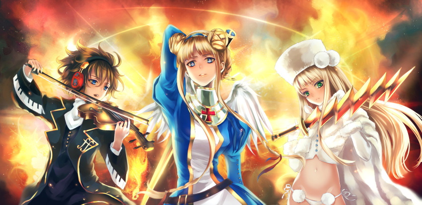 3girls, bangs, belt, black_hair, blonde_hair, blue_eyes, blunt_bangs, coat, cross, cross-shaped_pupils, double_bun, eiyuu_senki, fur_coat, fur_hat, fur_trim, furachi, gloves, green_eyes, hair_between_eyes, hat, headphones, highres, instrument, ivan_(eiyuu_senki), jeanne_d'arc_(eiyuu_senki), long_hair, ludwig_van_beethoven_(eiyuu_senki), midriff, multiple_girls, navel, no_pants, panties, piano_print, puffy_sleeves, scarf, short_hair, side-tie_panties, sword, symbol-shaped_pupils, underwear, violin, weapon, white_panties, wings