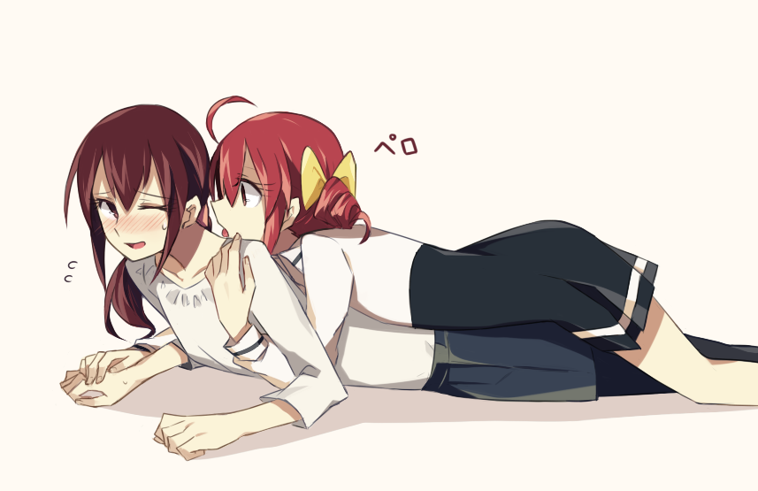 age_difference, ahoge, black_legwear, blush, brown_eyes, brown_hair, hoshizora_ikuyo, hoshizora_miyuki