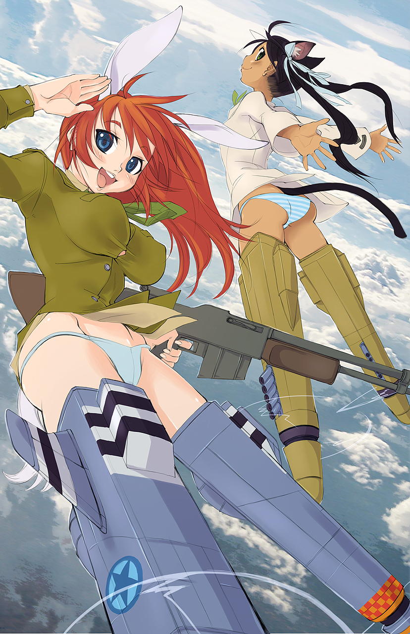 animal_ears, antenna_hair, ass, assault_rifle, black_hair, blue_eyes, breasts, bunny_ears