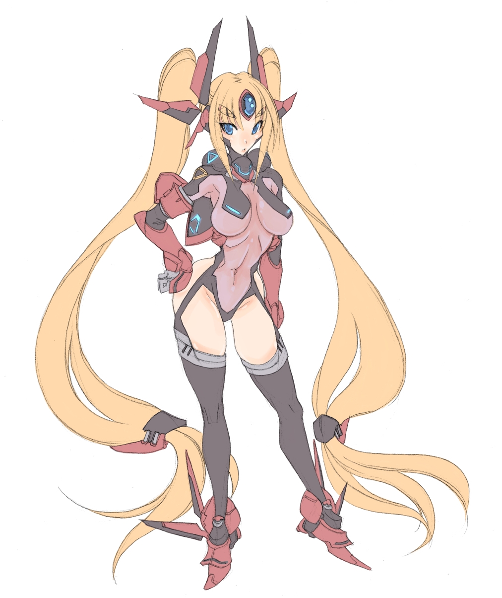 blonde_hair, bodysuit, crybringer, elbow_gloves, faintear, forehead_jewel, gloves, hand_on_hip, headdress, highres, hips, long_hair, low-tied_long_hair, mecha_musume, narrow_waist, see-through, simple_background, solo, thigh-highs, thighhighs, trigger_heart_exelica, twintails, very_long_hair, white_background